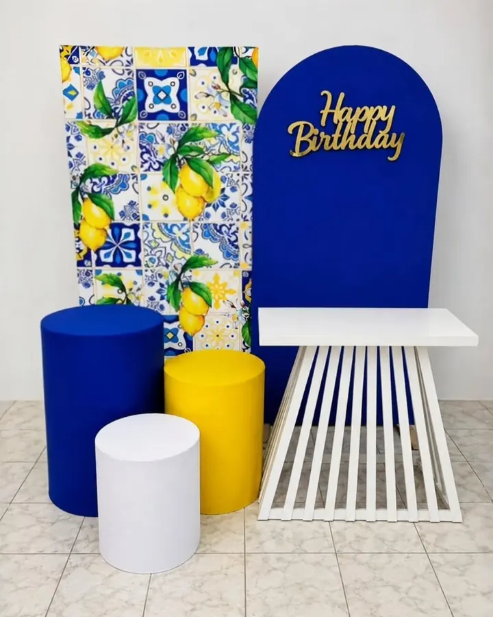 Kit Limão Siciliano com azulejos e cilindros azul e amarelo